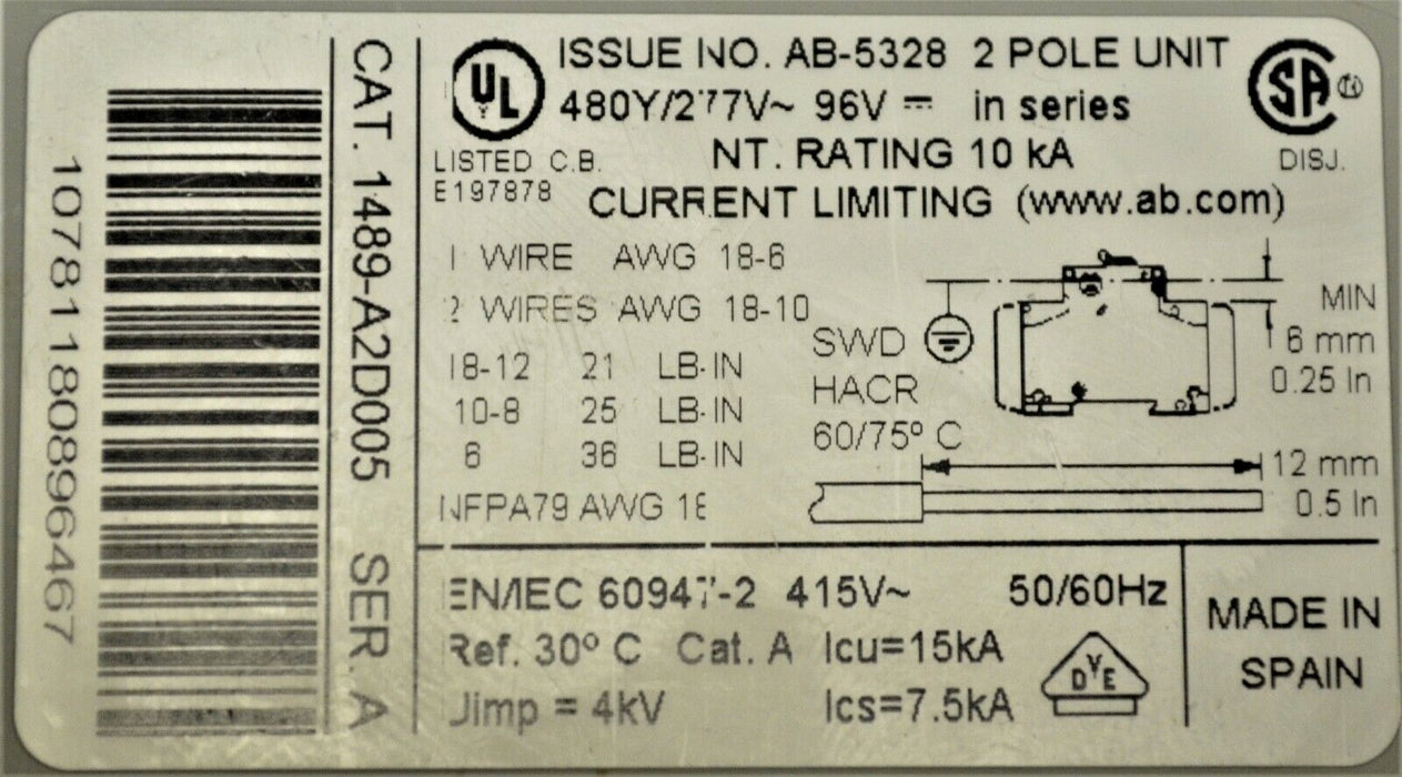 ALLEN BRADLEY 1489-A2D005 SER.A CIRCUIT BREAKER 2P TESTED GOOD