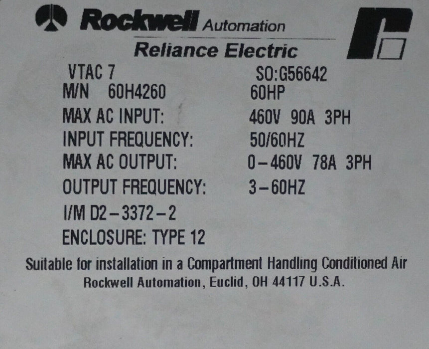 Reliance Electric 60G4260 GV3000/SE 60HP VTAC7 VER.6.06 Tested Good