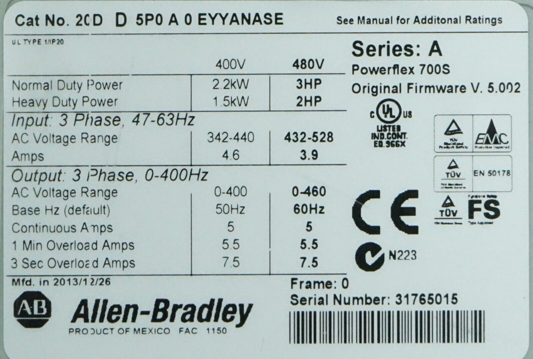 2013 Allen Bradley 20DD5P0A0EYYANASE Powerflex 700S Drive 3hp FRN:5.002