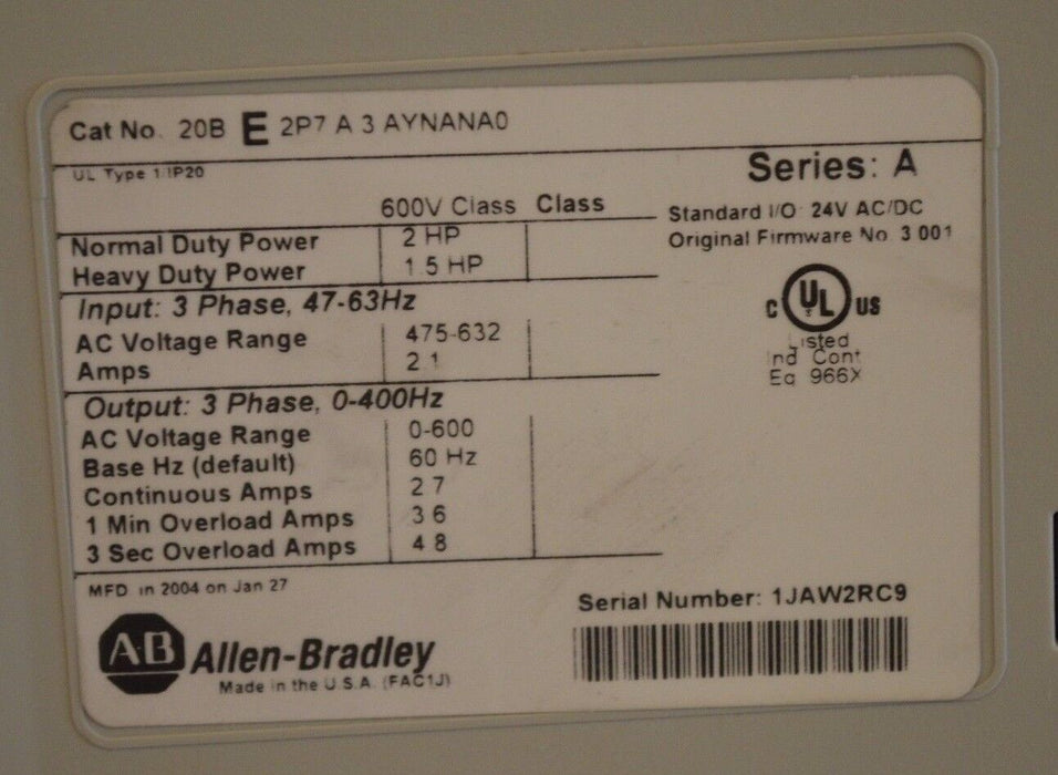 Allen-Bradley PowerFlex 700 2 HP 20BE2P7A3AYNANA0 600 VAC Tested Good Clean