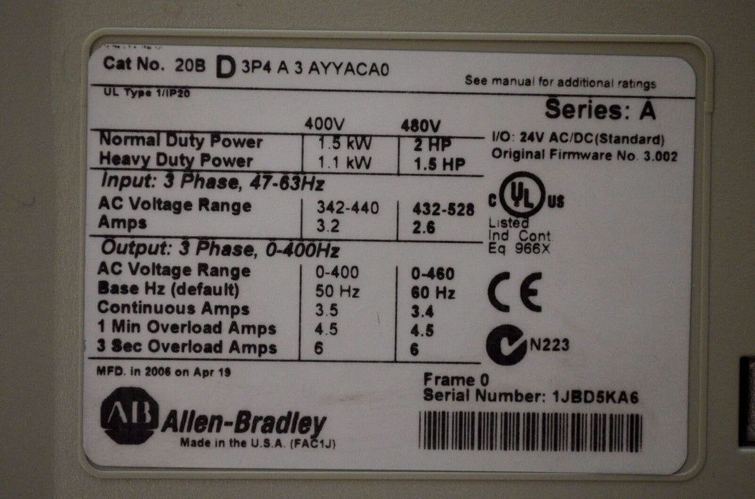 Allen-Bradley 2 HP PowerFlex 700  20BD3P4A3AYYACA0   Clean Tested 480 VAC