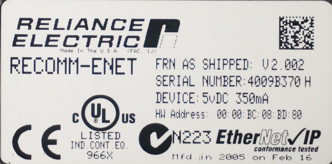 Reliance Electric RECOMM-ENET Ethernet/IP Communications Module Tested FRN:2.002