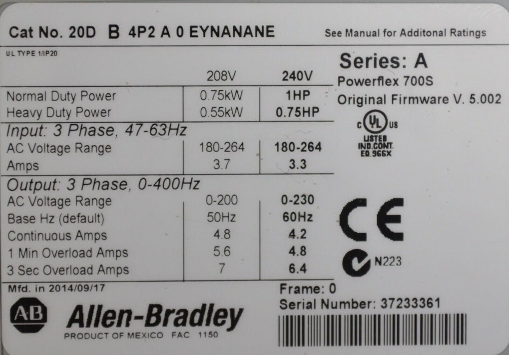 New Allen-Bradley Powerflex 700S 20DB4P2A0EYNANANE Series A FRN: 5.002