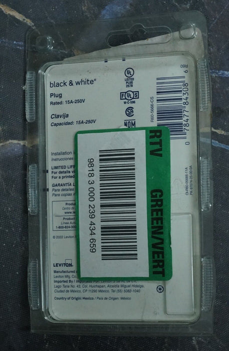 Leviton 5666 Black and White 15A, 250V Nylon Grounding Plug R50-5666-CS