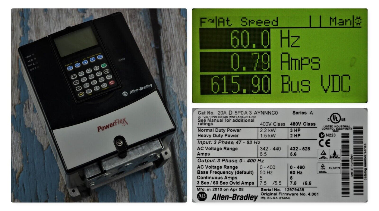 Allen-Bradley PowerFlex70 3 HP 20AD5P0A3AYNNNC0 Series A Tested Good FRN: 4.001