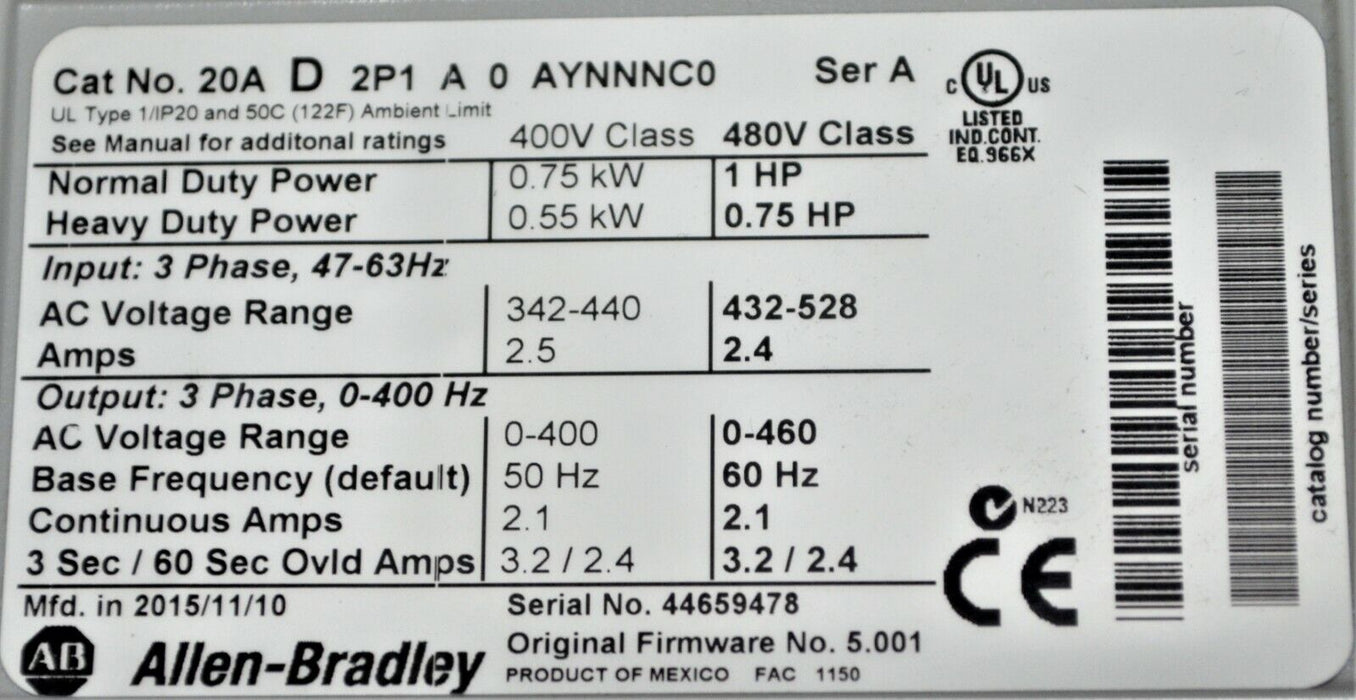 2015 Allen-Bradley PowerFlex 70 1HP 20AD2P1A0AYNNNC0 FRN 5.001 Tested Good