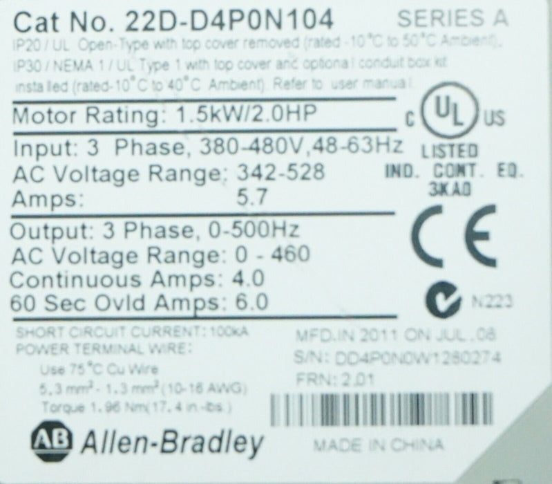 Zero Hours 22D-D4P0N104 Allen-Bradley PowerFlex 40P Drive 2HP Ser. A FRN:2.01