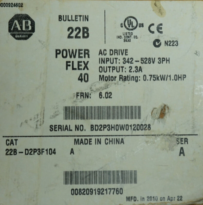 New Allen-Bradley 22B-D2P3F104 PowerFlex 40 Drive Series A 6.02 Tested Good