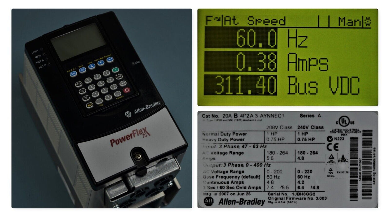 Low Hours Allen-Bradley PowerFlex 70 1 HP 20AB4P2A3AYNNEC1 Ser. A 240V FRN:3.003