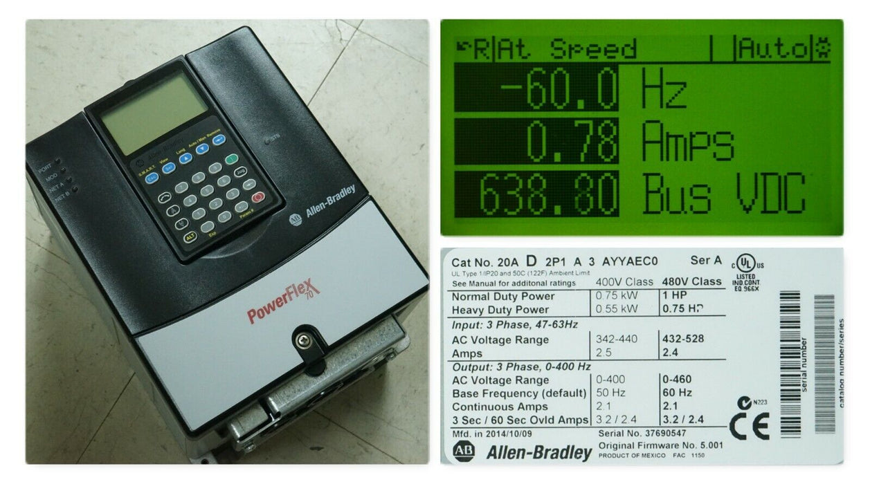 Allen-Bradley PowerFlex 70 1HP 20AD2P1A3AYYAEC0 Drive 480VAC FRN:5.001