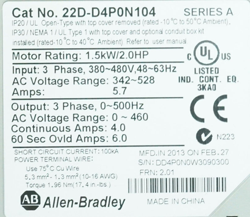 Low Hours Allen Bradley 22D-D4P0N104 PowerFlex40 2 HP Series A 480 VAC FRN:2.01