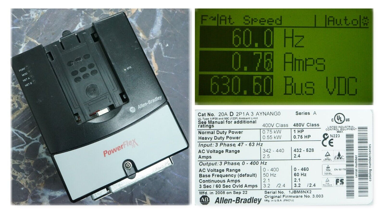 Allen-Bradley PowerFlex 70 1HP 20AD2P1A3AYNANG0 480VAC FRN:3.003 Tested