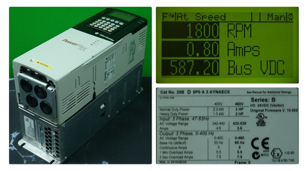 Low Hr Allen-Bradley PowerFlex 700 3 HP 20BD5P0A3AYNAEC0 480 VAC FRN:10.002