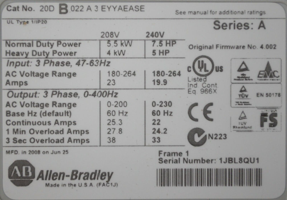 New Allen-Bradley Powerflex 700S 20DB022A3EYYAEASE Series A FRN: 4.002