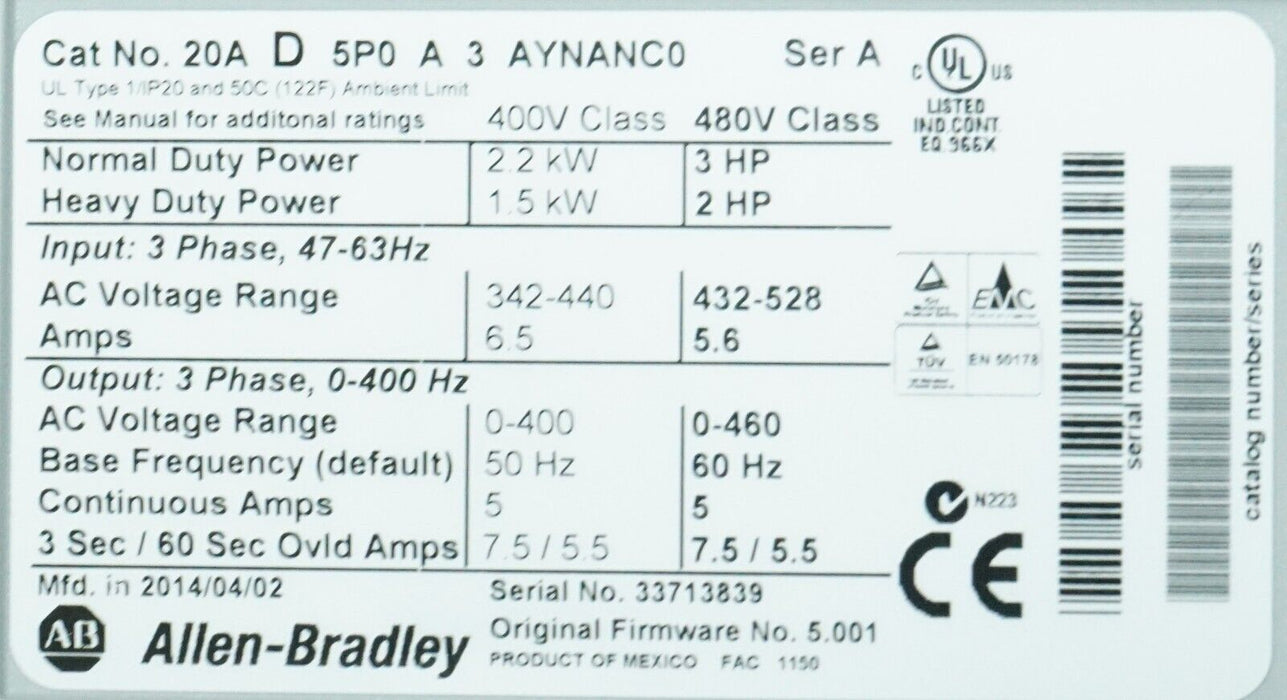 Low-Hour Allen Bradley PowerFlex 70 3HP 20AD5P0A3AYNANC0 480VAC FRN:5.001 Tested