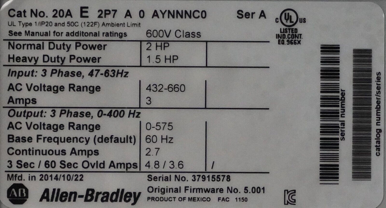 Low HR Allen-Bradley 20AE2P7A0AYNNNC0 PowerFlex 70 2HP Series A FRN:5.001 Tested