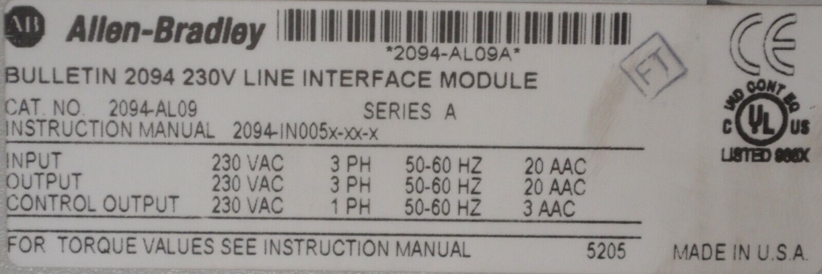 New Allen Bradley 2094-AL09 Kinetix 6000 line interface module Series A