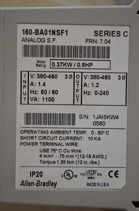 Allen Bradley 160-BA01NSF1 Variable Speed AC 0.5HP 480V With DeviceNet 160-DN2