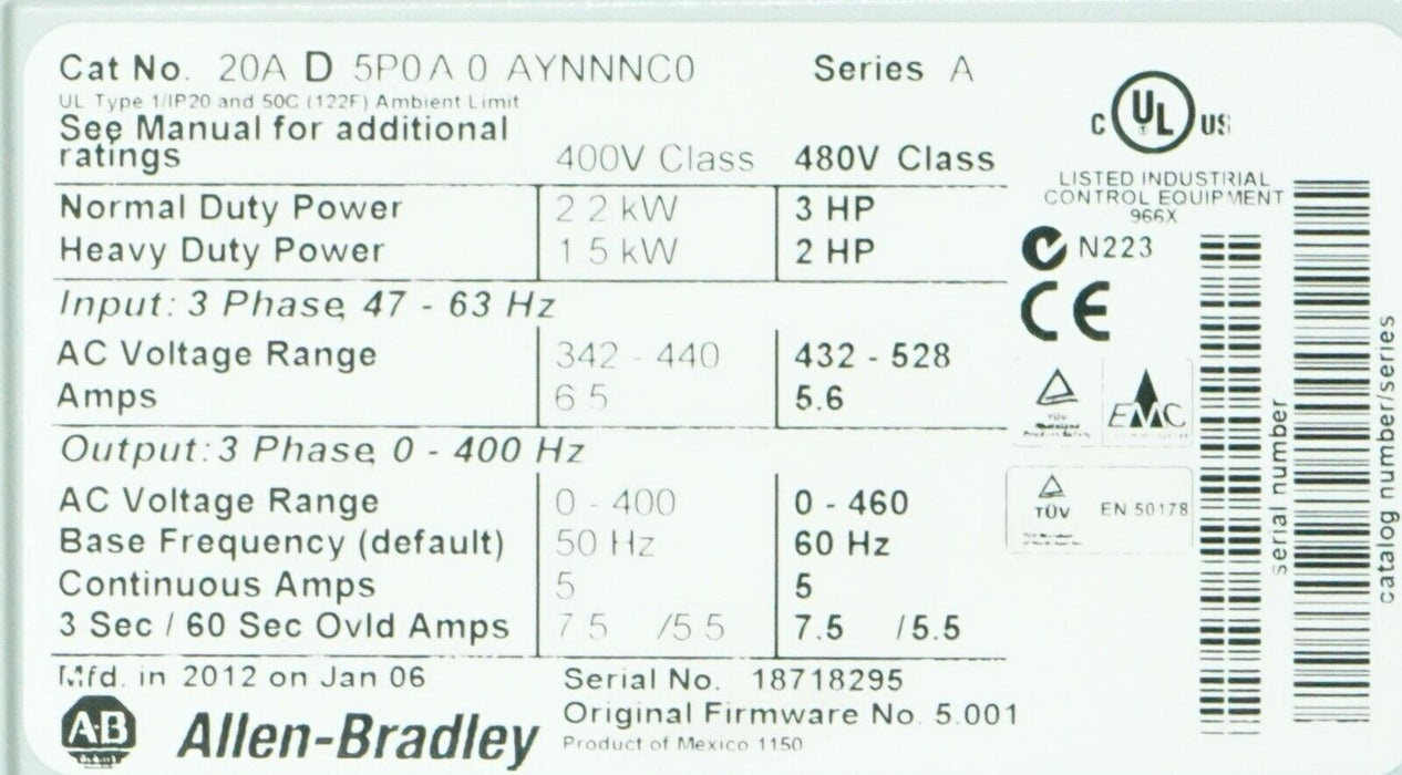 Allen-Bradley PowerFlex 70 3 HP 20AD5P0A0AYNNNC0 Tested Good FRN:5.001 Tested