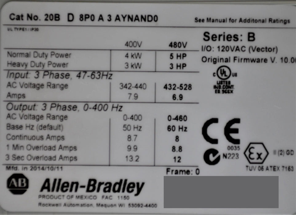 Allen-Bradley PowerFlex 700 5 HP 20BD8P0A3AYNAND0 480 VAC Tested Good FRN 10.001