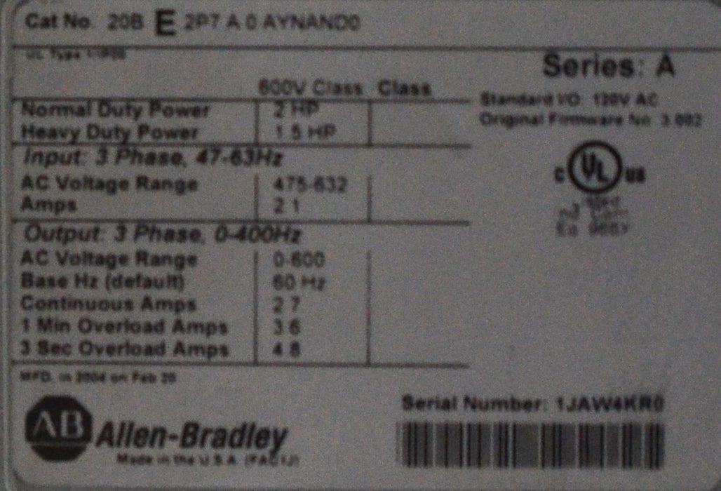 Allen-Bradley PowerFlex 700 2HP 20BE2P7A0AYNAND0 FRN 3.002 Tested Good Series A