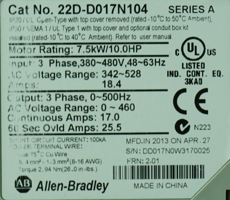 Allen-Bradley 22D-D017N104 PowerFlex 40P 10HP VFD Tested FRN:2.01