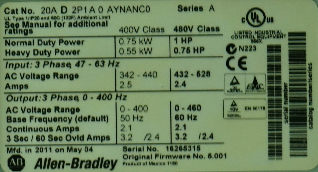 Allen-Bradley 20AD2P1A0AYNANC0 1HP 480V Powerflex 70 FRN:5.001 Tested Good