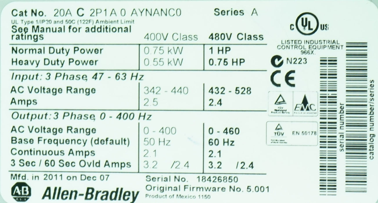 Allen Bradley Powerflex 70 1 HP 20AC2P1A0AYNANC0 Tested  Good FRN: 5.001