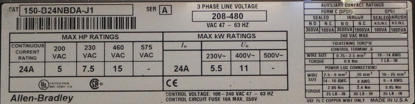 ALLEN BRADLEY 150-B24NBDA-J1  Smart Motor Control Untested