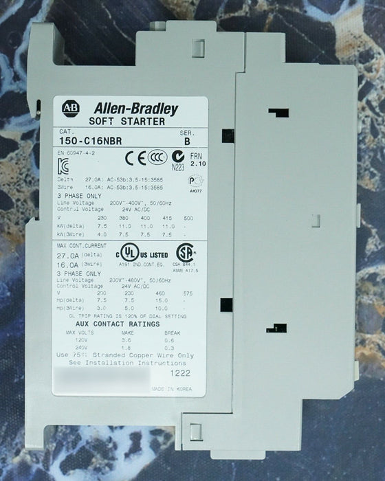 Allen Bradley 150-C16NBR Series B SMC-3 Motor Controller 16A 480V 24V AC/DC