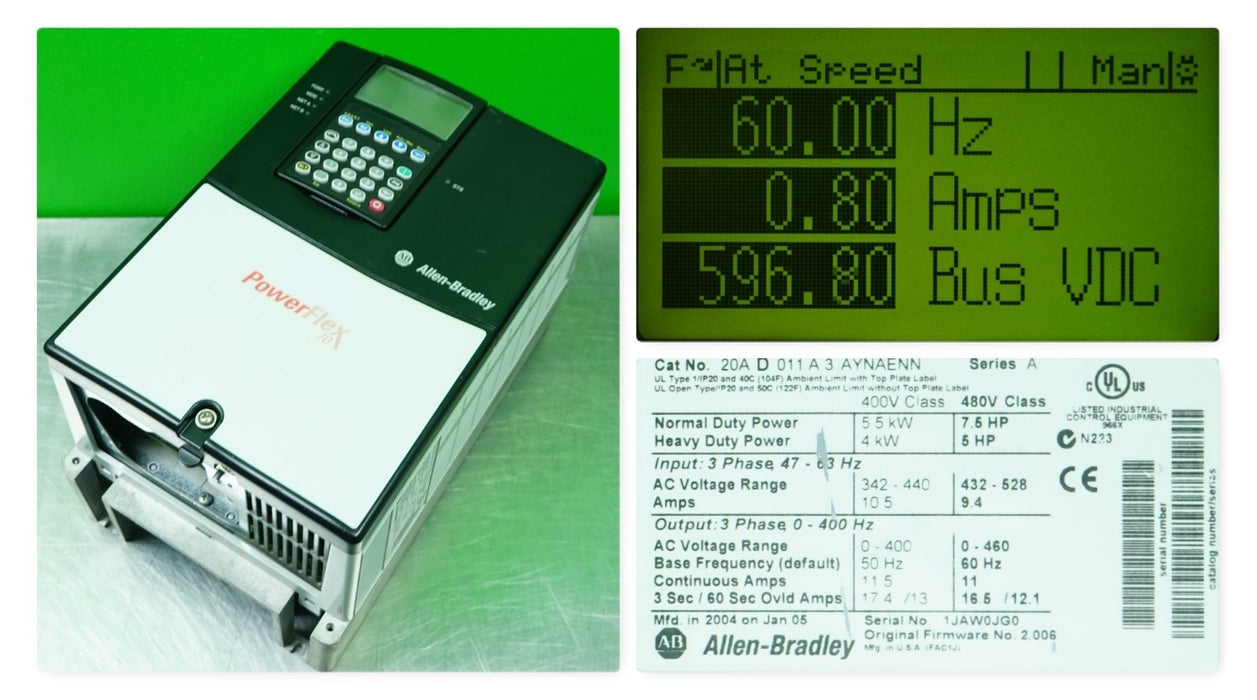 Allen-Bradley PowerFlex 70 7.5 HP 20AD011A3NYNAENN 480VAC Tested Good FRN:2.006