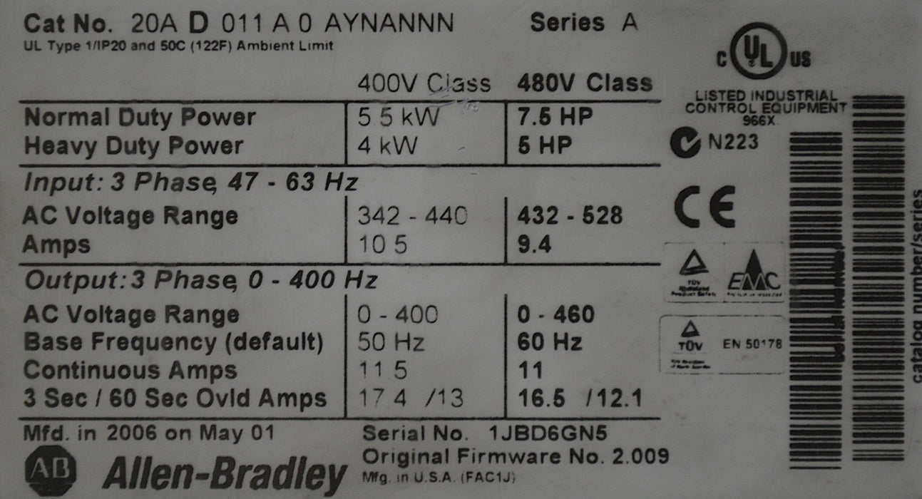 Low Hours Allen-Bradley PowerFlex70 7.5 HP 20AD011A0AYNANNN 480 VAC *Tested Good