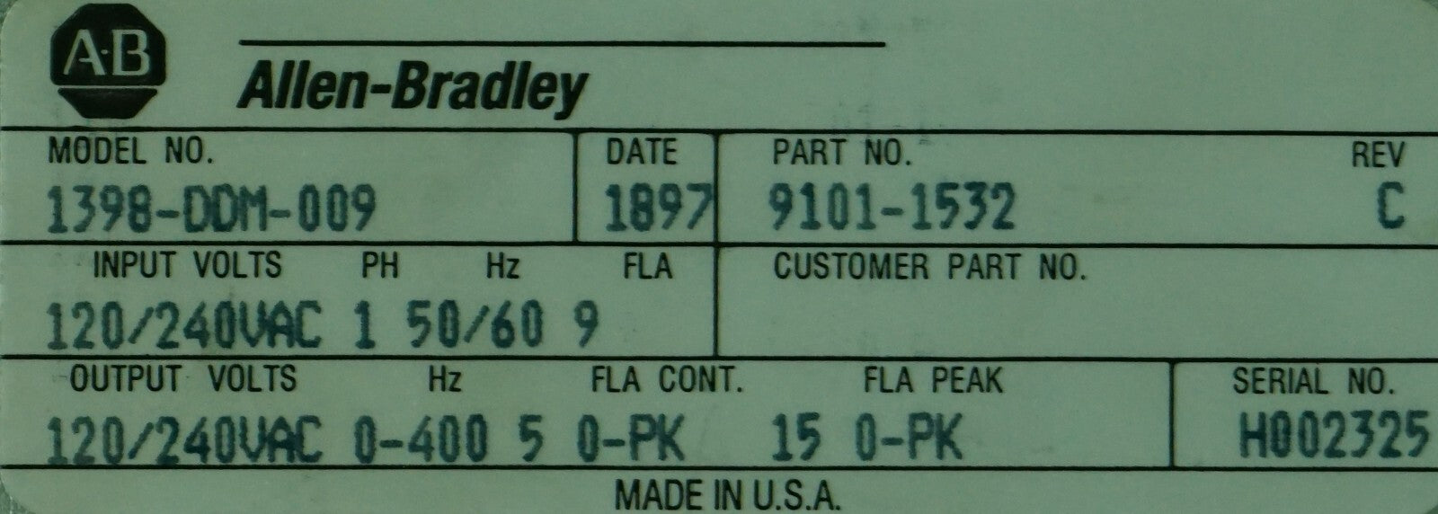 ALLEN BRADLEY 1398-DDM-009 ULTRA SERIES SERVO DRIVE P/N 9101-1532