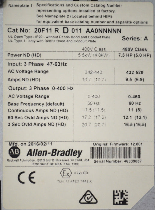 Low Hours Allen-Bradley 20F11RD011AA0NNNNN PowerFlex 753 7.5HP FRN:12.001 Tested