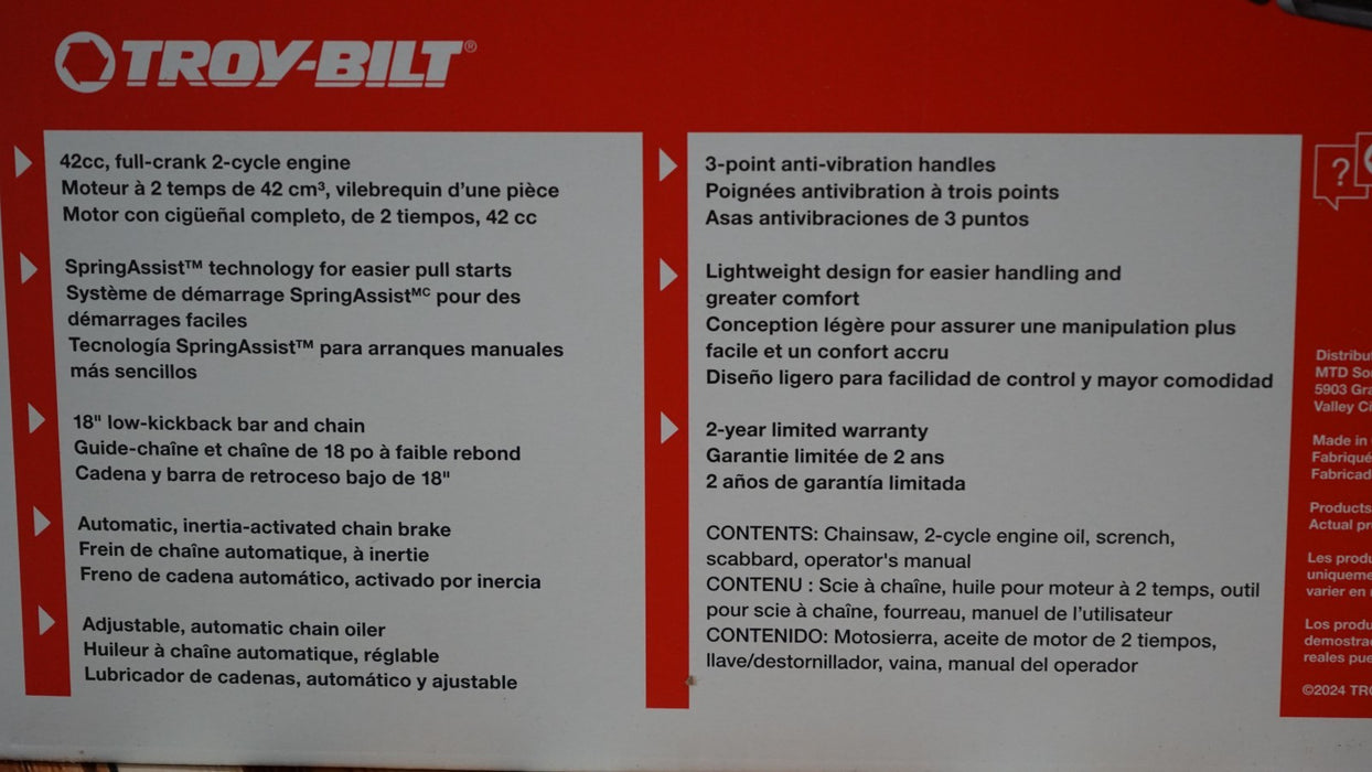 Troy-Bilt 41AY4218766 42cc 18 in. Low Kickback 2-Cycle Gas Chainsaw New