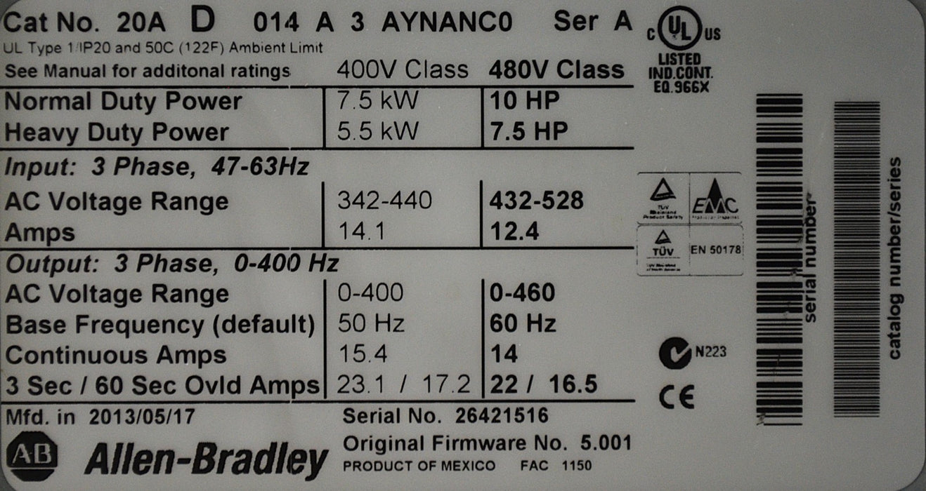 2013 Allen-Bradley 20AD014A3AYNANC0 PowerFlex70 10 HP Ser. A 480 VAC Tested Good