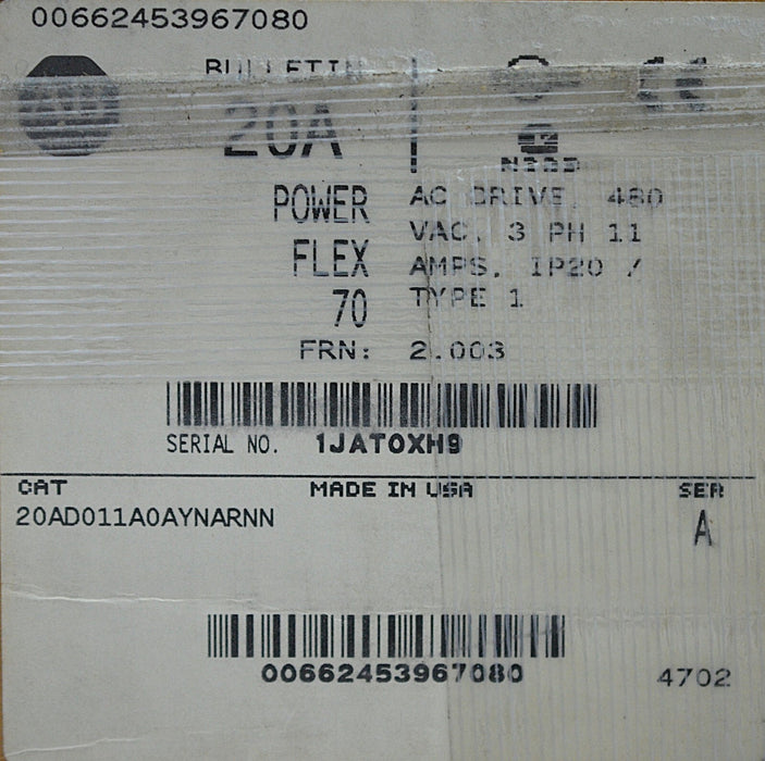 Allen-Bradley PowerFlex 70 20AD011A0AYNARNN 7.5 HP Series A FRN: 2.003 - NEW