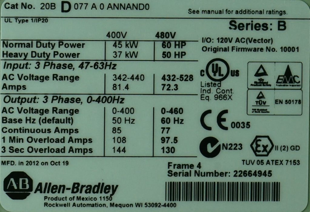 Allen-Bradley 20BD077A0ANNAND0 PowerFlex 700 60HP Series B FRN:9.001 Tested