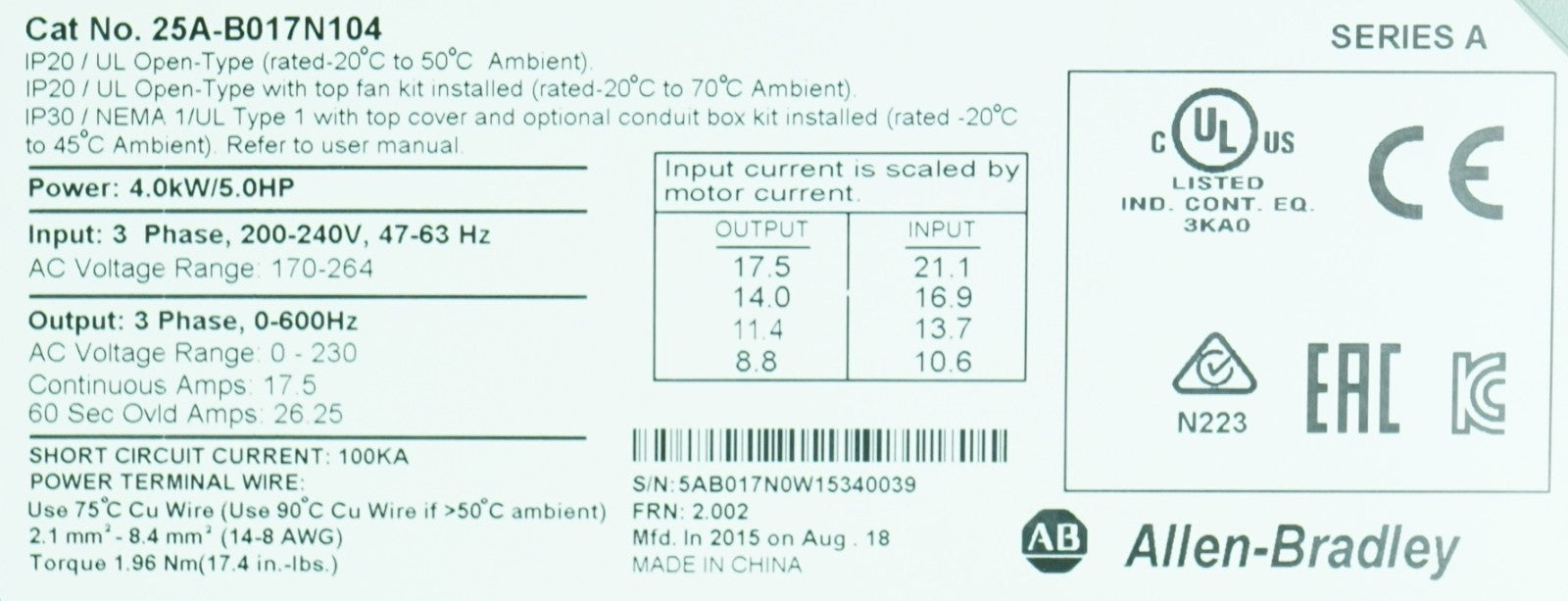 Allen Bradley 25A-B017N104 FRN:2.002 Tested Good