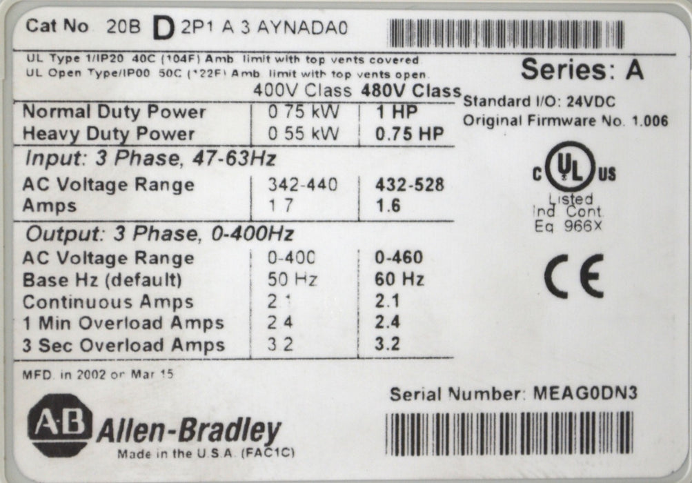 Low Hours Allen Bradley 20BD2P1A3AYNADA0 Powerflex 700 1 hp Drive Tested Good