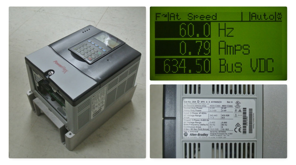 Low Hours Allen-Bradley PowerFlex 70 5 HP 20AD8P0A3AYNNNC0 480 VAC FRN:5.001