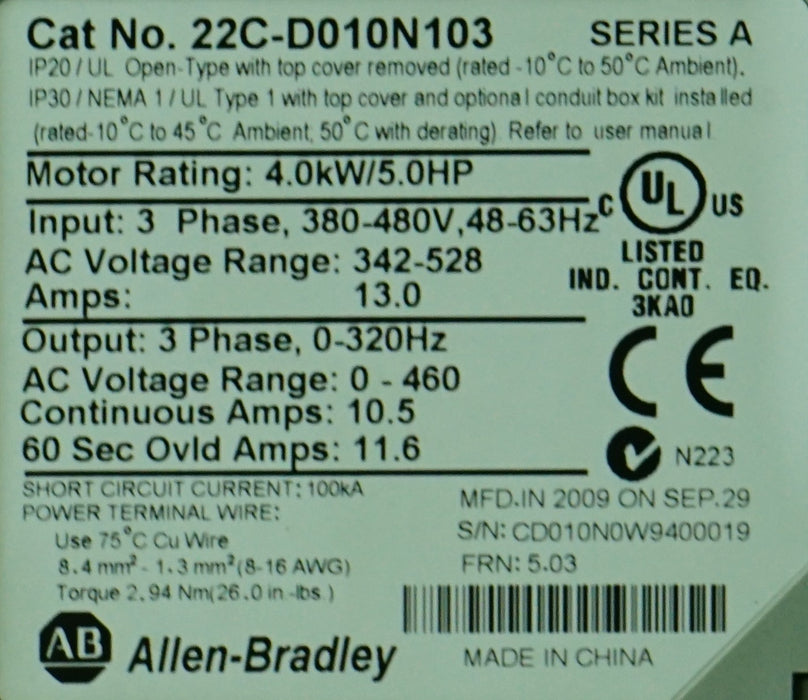 Low Hr Allen Bradley 22C-D010N103 PowerFlex AC Drive 5HP FRN:5.03 Tested Good