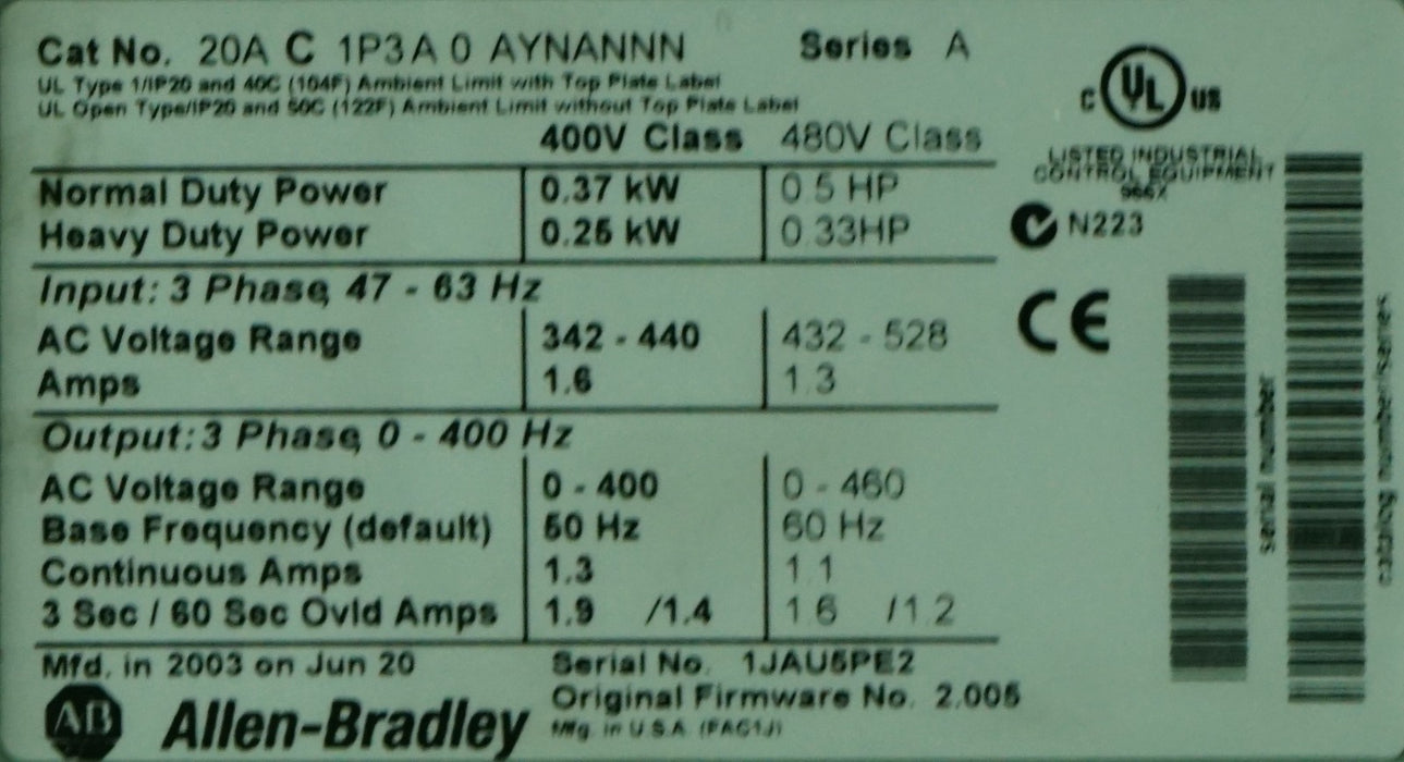 Allen Bradley Powerflex 70 1/2HP 20AC1P3A0AYNANNN Tested Good FRN:2.005