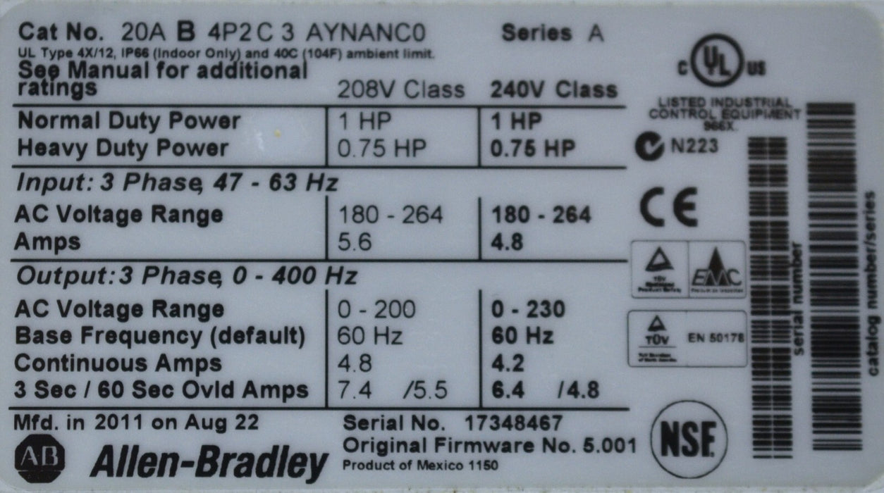 Low Hours Allen-Bradley 20AB4P2C3AYNANC0 Powerflex70 1 HP Series A AC FRN: 5.001