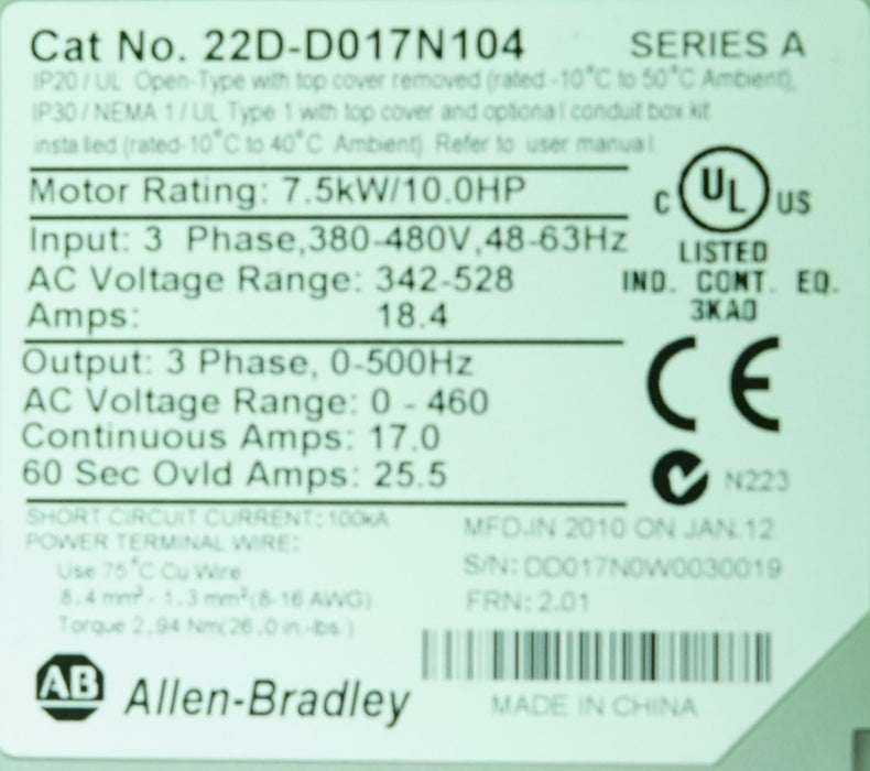 Allen-Bradley 22D-D017N104 Power Flex 40P 10HP VFD Tested FRN:2.01