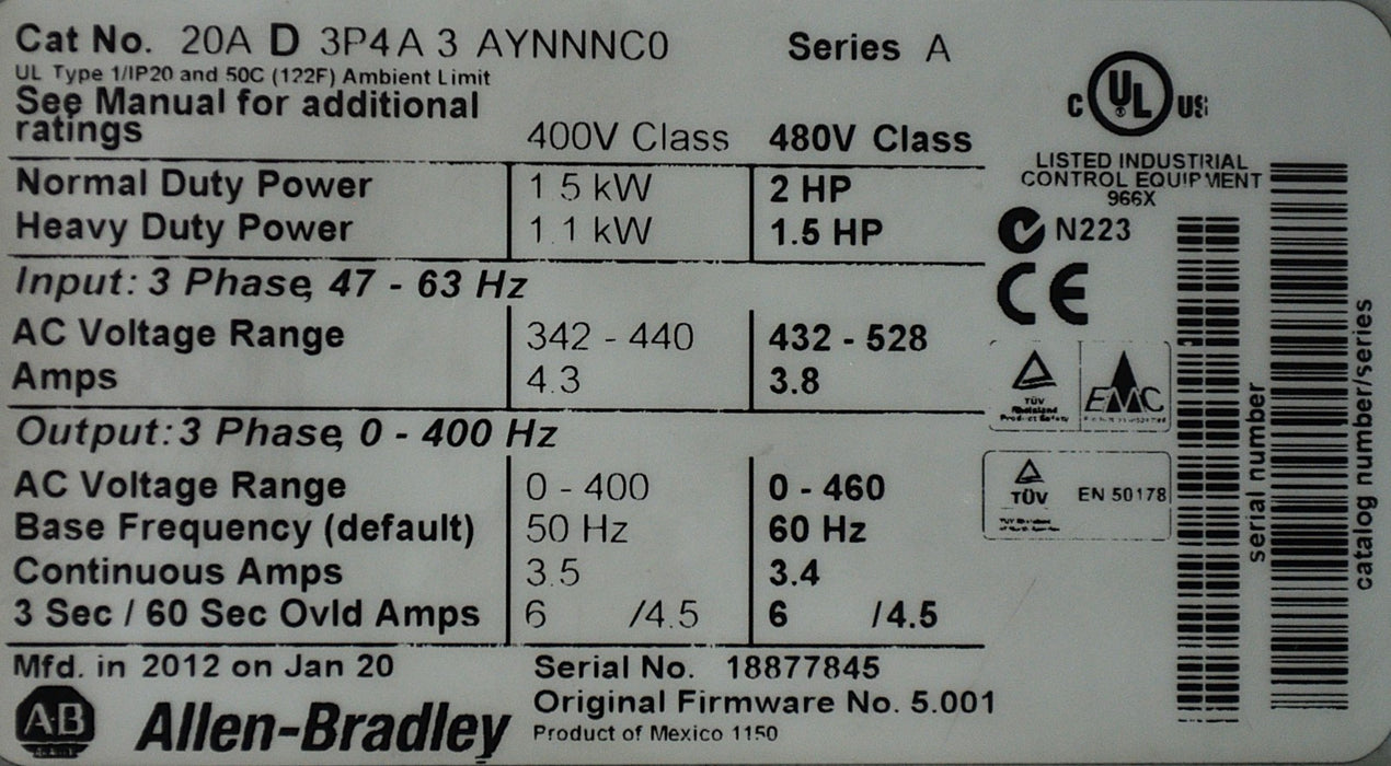Allen-Bradley 20AD3P4A3AYNNNC0 PowerFlex 70 2HP/1.5kW 480VAC Series Tested Good