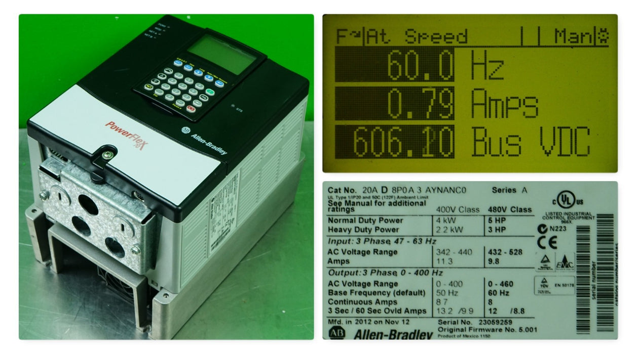 Low Hr Allen Bradley PowerFlex 70 5 HP 20AD8P0A3AYNNNC0 480 VAC FRN:5.001 Tested
