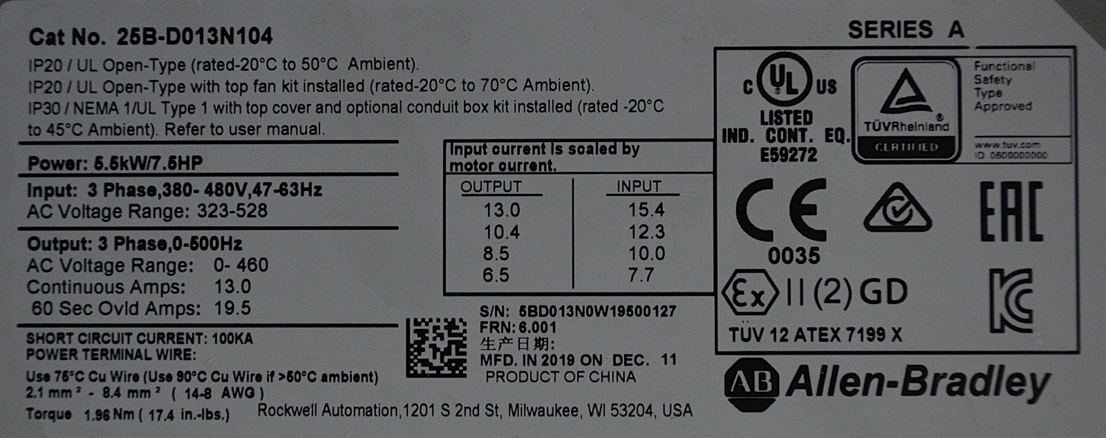 Low Hours Allen-Bradley 20BD013N104 PowerFlex 525 7.5HP Series A FRN: 5.001 480V