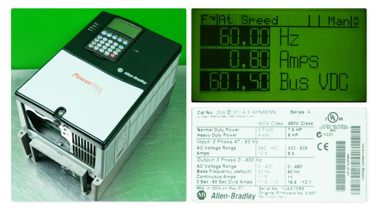 Allen-Bradley PowerFlex 70 7.5 HP 20AD011A3NYNAENN 480 VAC Tested Good FRN:2.007