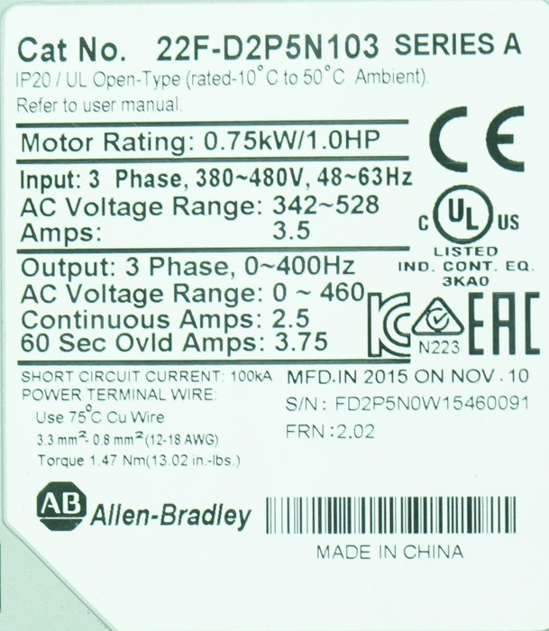 Allen-Bradley 22F-D2P5N103 PowerFlex 4M 1 HP FRN 2.02 Tested Good